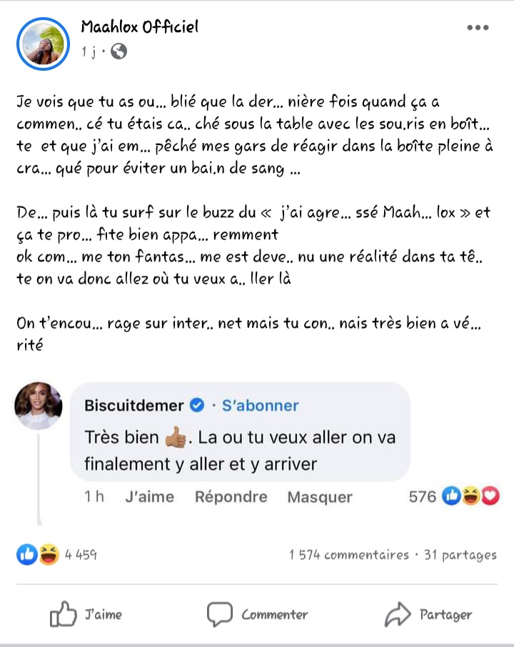 Capture d'écran des piques de Maahlox à Coco Emilia sur Facebook