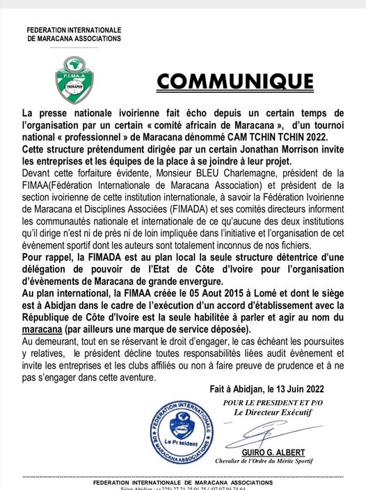 Le communiqué de la FIMADA