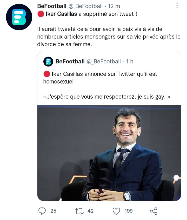 Iker Casillas a supprimé son tweet annonçant qu'il était gay. 