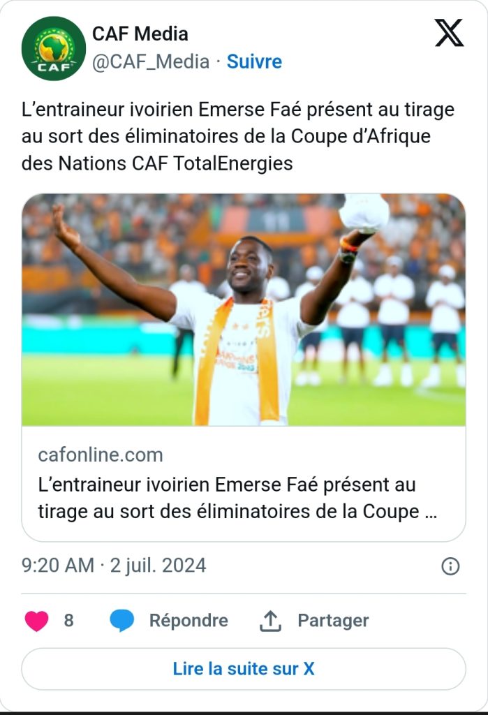 Publication sur X de la CAF confirmant la présence de Fae Emerse lors du tirage au sort de la CAN 2025