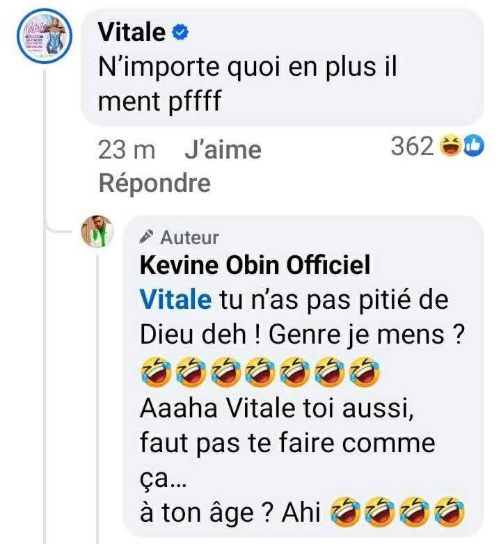 Capture d'écran de la réaction de l'artiste Vitale, après la sortie de Kevin Obin 