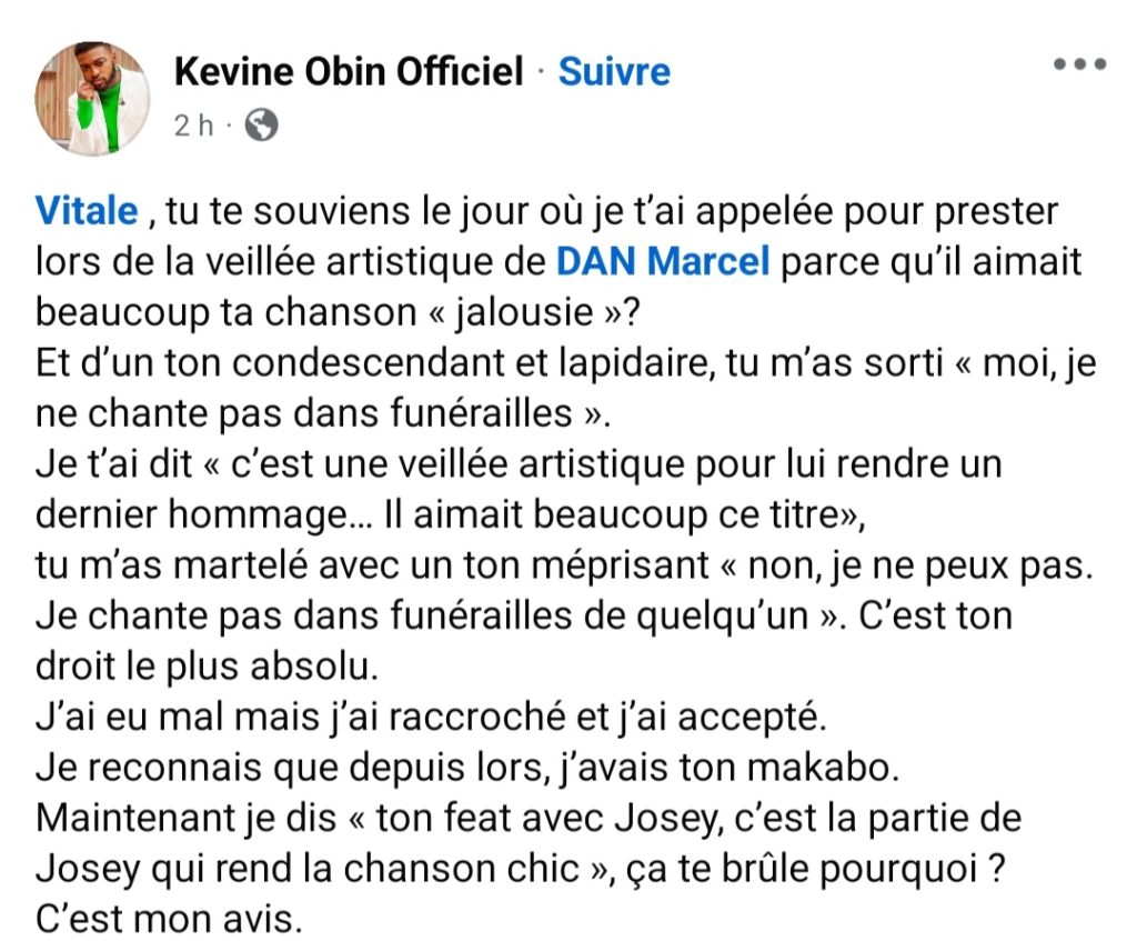 Capture d'écran du post de Kevin Obin concernant les propos de Vitale 