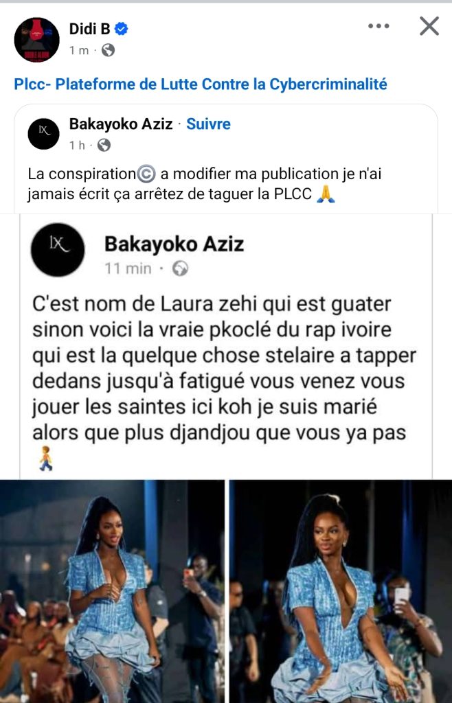 Capture d'écran du post de Bakayoko Aziz contre Saraï l'épouse de Didi B 